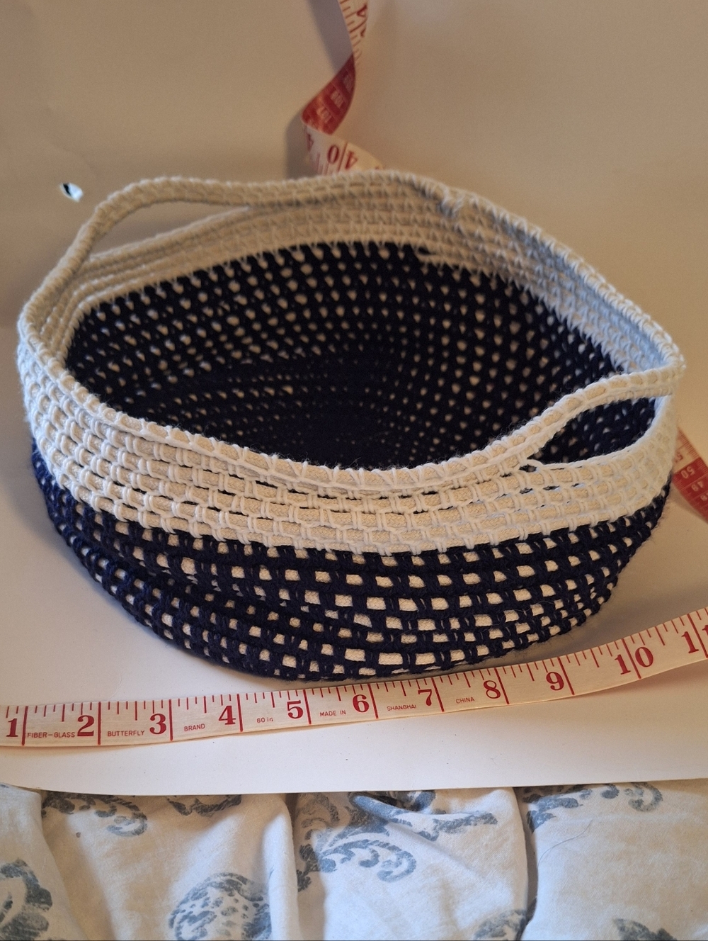 Handmade Crochet Basket in Navy and White - 10 Inch